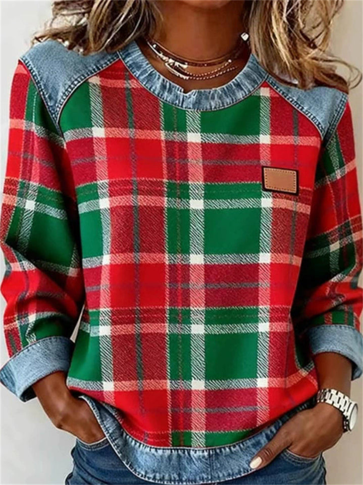 Women's ‌Plaid Denim Patchwork Color Block Casual Sweatshirts