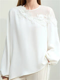 Elegant Summer 3D Flower Long Sleeve White Chiffon Shirt for Lady