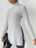 Women's Solid Color Pit Stripe High Neck Slim Fit Split Long-sleeved Sweaters