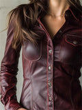 ‌Women's Vantage Burgundy Faux Leather Button Up Blouse with Pockets‌