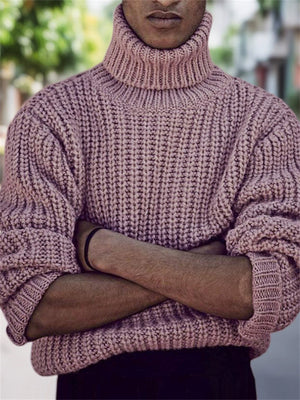 Male's Autumn Pink Pullover Turtleneck Chunky Knitted Sweaters