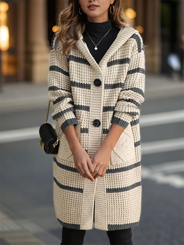 Women's Autumn Striped Single Breasted Hooded Cardigan Sweaters