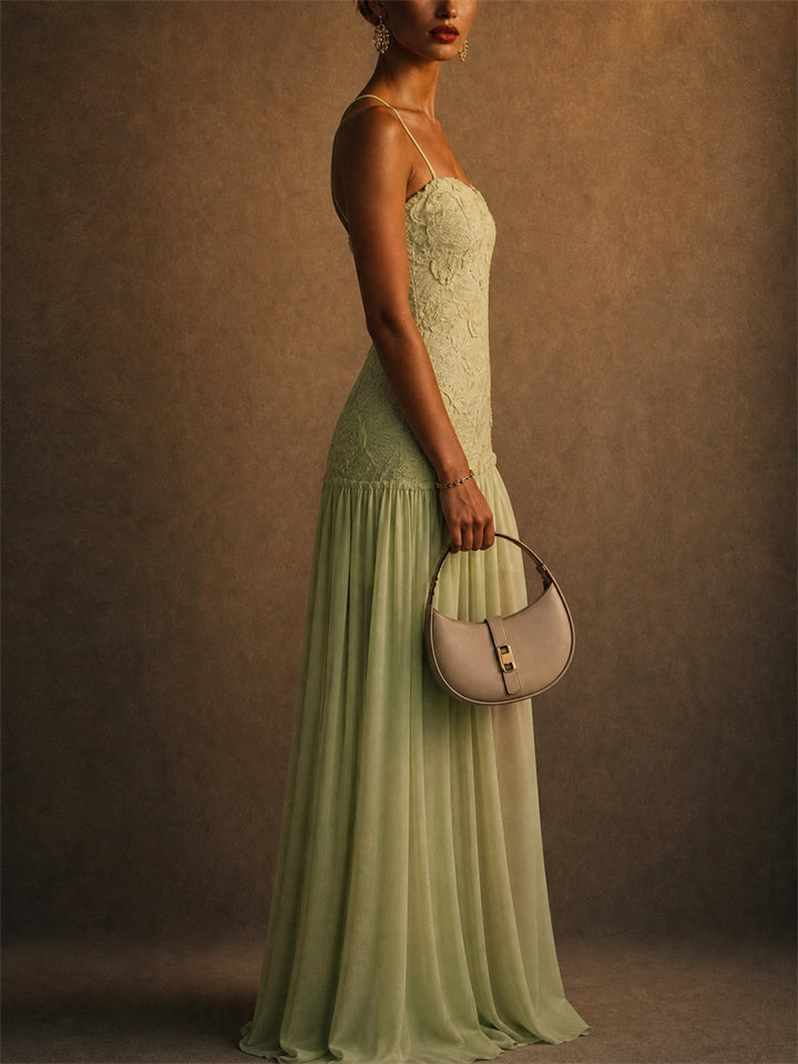 Women Elegant Lace Chiffon Spaghetti Strap Maxi Dress