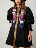 Women's Contrast Color Sequined Long Sleeve Lapel Shirt Dress