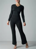 Women's 2 Piece Lounge V Neck Long Sleeve Top and Flare Yoga Pants Set