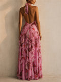 Women Floral Halter Backless Ruffle Gown Maxi Dress
