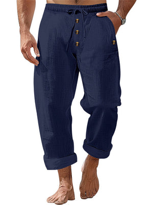 Mens' Casual Solid Color Cotton Linen Drawstring Pants