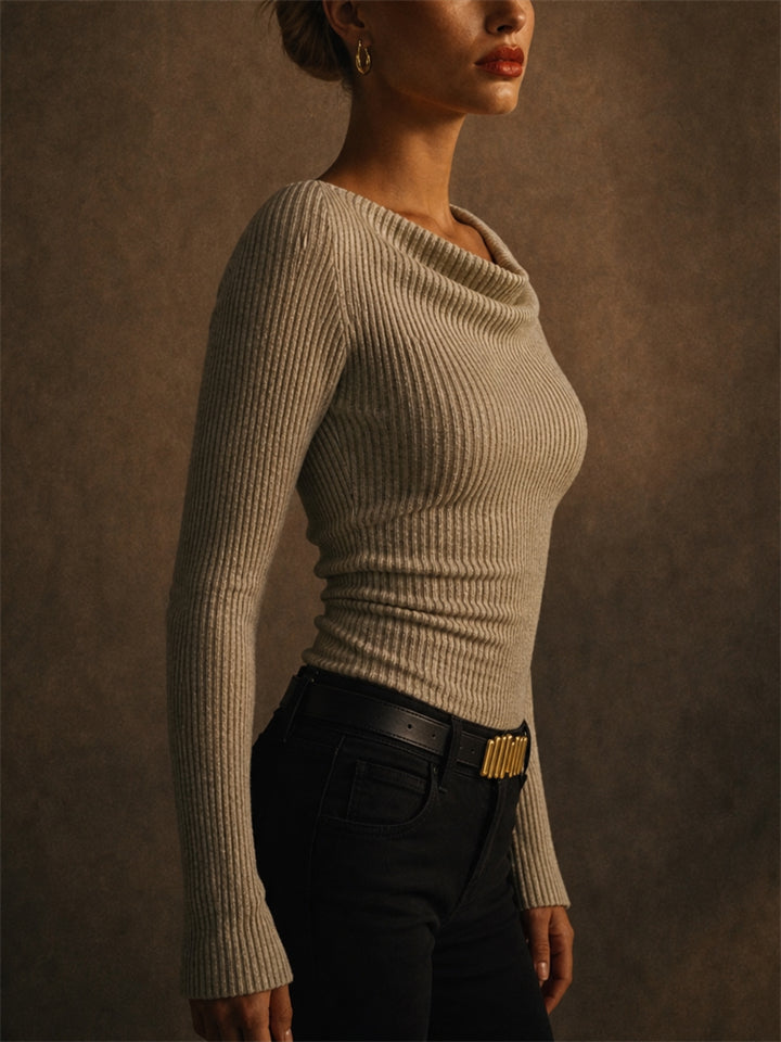Women Slim Fit Pullover Cowl Neck Ribbed Knit Sweaters