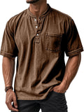 Men's Distressed Solid Color Quarter Button Pocket Round Neck Shirts