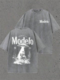 Unisex Modelo Vintage Acid Wash UFO Cowboy Graphic T Shirts