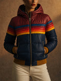 Women Retro Rainbow Stripe Hooded Puffer Jacket Winter Coat