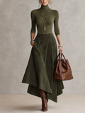 Women Turtleneck Top and Faux Suede Asymmetric Maxi Skirt Two Piece Set