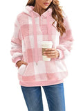 Ladies Fluffy Plaid Oversized Hoodies with Pockets