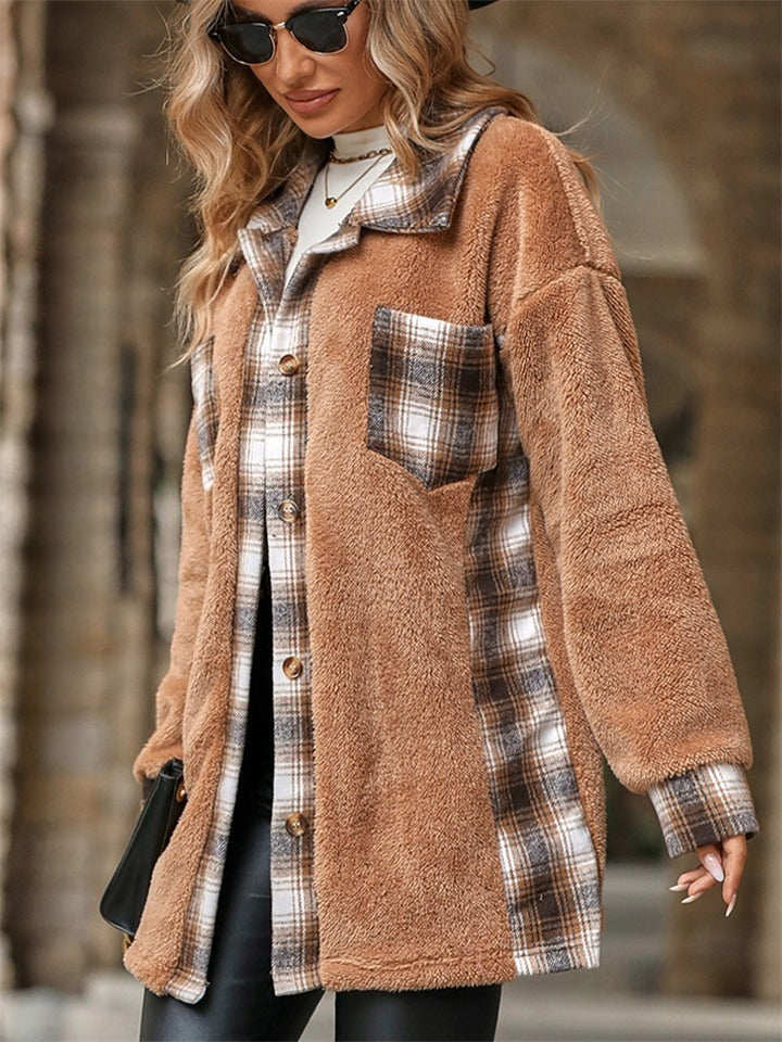 Women's Autumn Trendy Fleece Plaid Patchwork Long Sleeve Lapel Coat