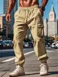 Men's Casual Solid Color Multi-pockets Drawstring Straight Jogger Trousers