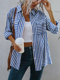 Women's Summer Holiday Striped Button Lapel Blouse
