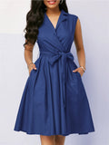 Women's Solid Color V Neck Lapel Tie-Waist Sleeveless Dress