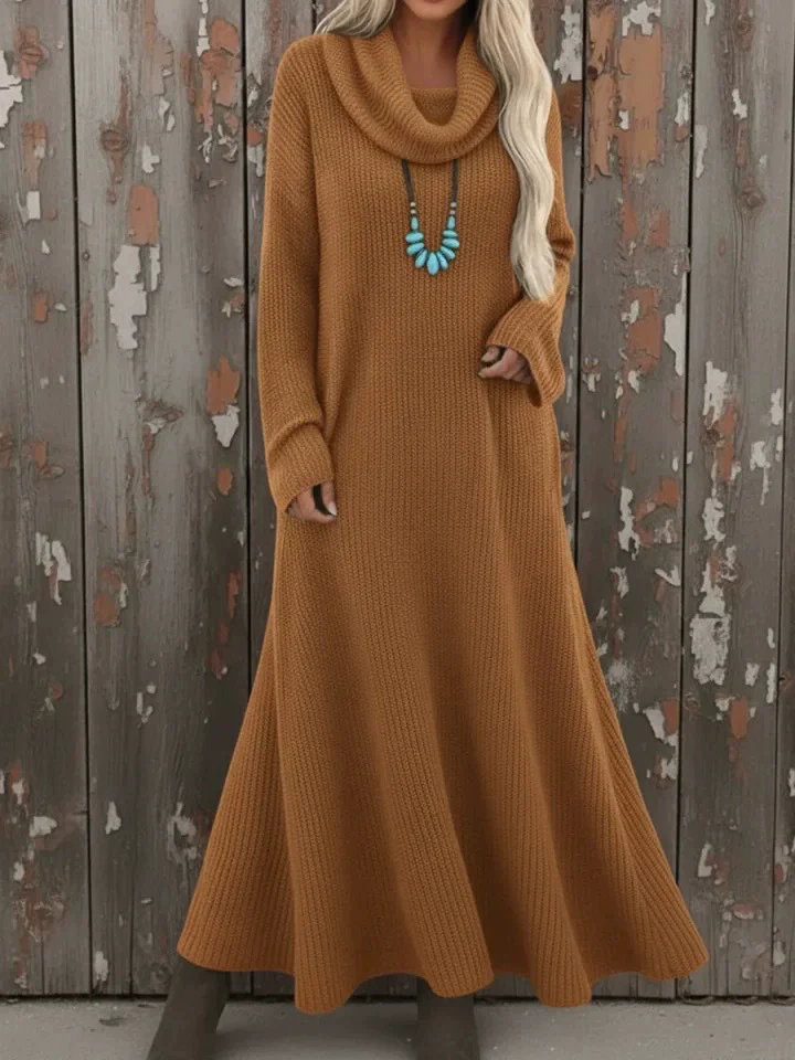 ‌Trendy Women's Autumn High-Neck Long Sleeve Knitted Maxi Dress