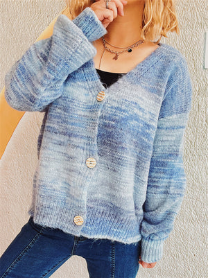 Women's Contrast Color V Neck Single Breasted Cardigan Sweater