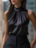 Women's Summer Chic Satin Black Semi High Neck Slim Halter Top