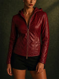 Women's Cool Hooded PU Leather Jacket with Warm Lining