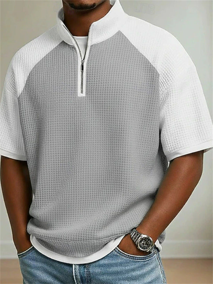 Mens Short Sleeve Quarter Zip Color Block Waffle Textured Knit Top