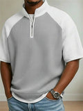 Mens Short Sleeve Quarter Zip Color Block Waffle Textured Knit Top