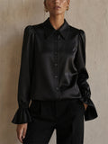 Women Satin Silk Blouse Ruffle Cuff Long Sleeve Office Top