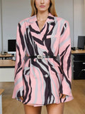 Fashion Women Pink Long Sleeve Printed Belted Jacket