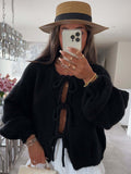 Women's Solid Color Round Neck Lace Up Cardigan Sweater