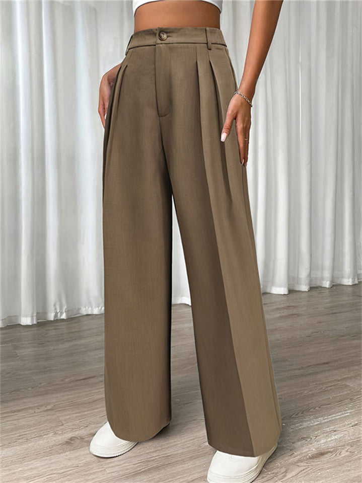 Women's Casual Khaki Solid Color High Waist Pleated Pants