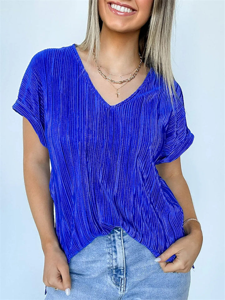 Women's Solid Color Striped V Neck Casual Short Sleeve Shirts