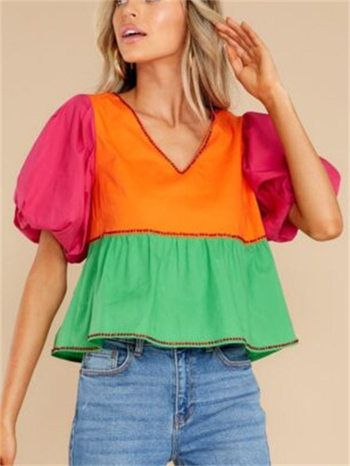 Women's Contrast Color Printed Patchwork V Neck Lantern Sleeve Blouses