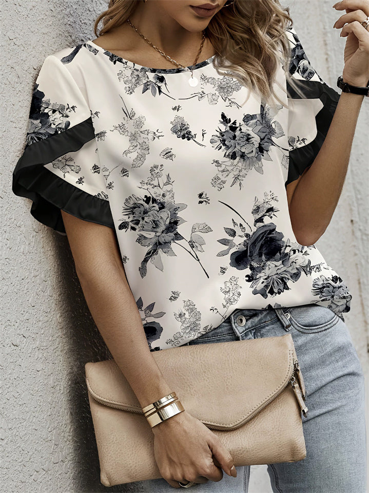 Women's Floral Printed Round Neck Ruffled Sleeve Chiffon Shirts