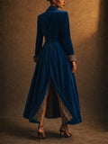 Women Elegant Velvet Leopard Print Cuffs Maxi Coat