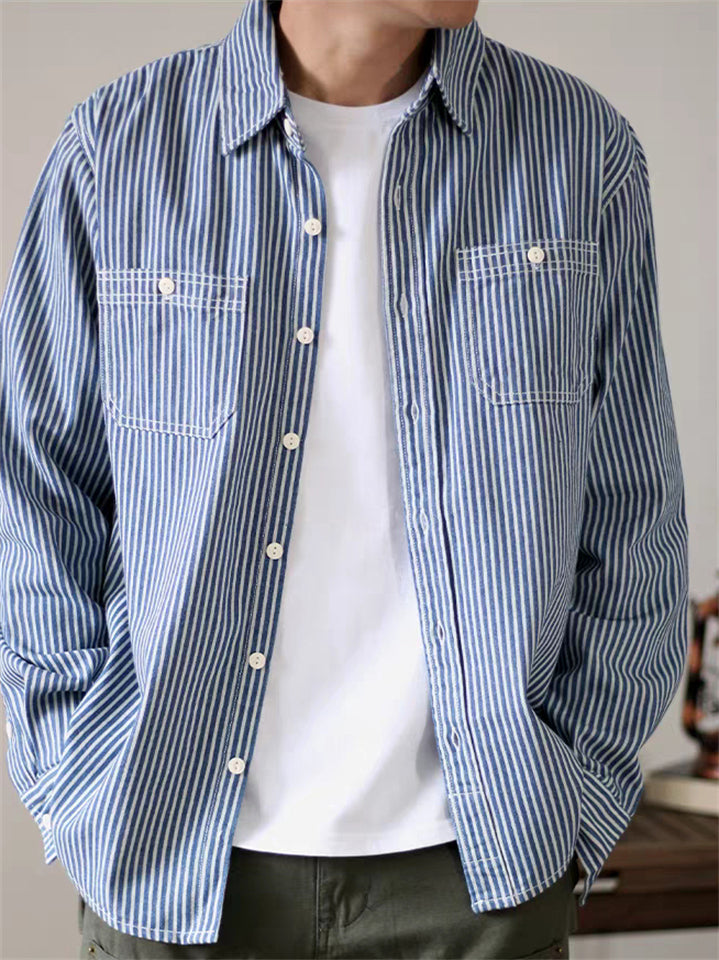 Men's Retro Long Sleeve Stripe Cargo Shirts