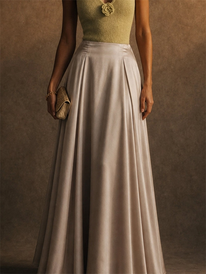 Women High Waist Elegant A Line Flowy Long Satin Maxi Skirt