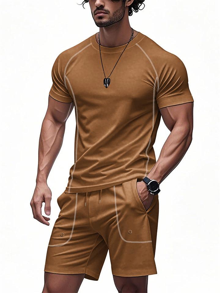 Men's Contrast Color Round Neck Quick-dry Top and Pants Set