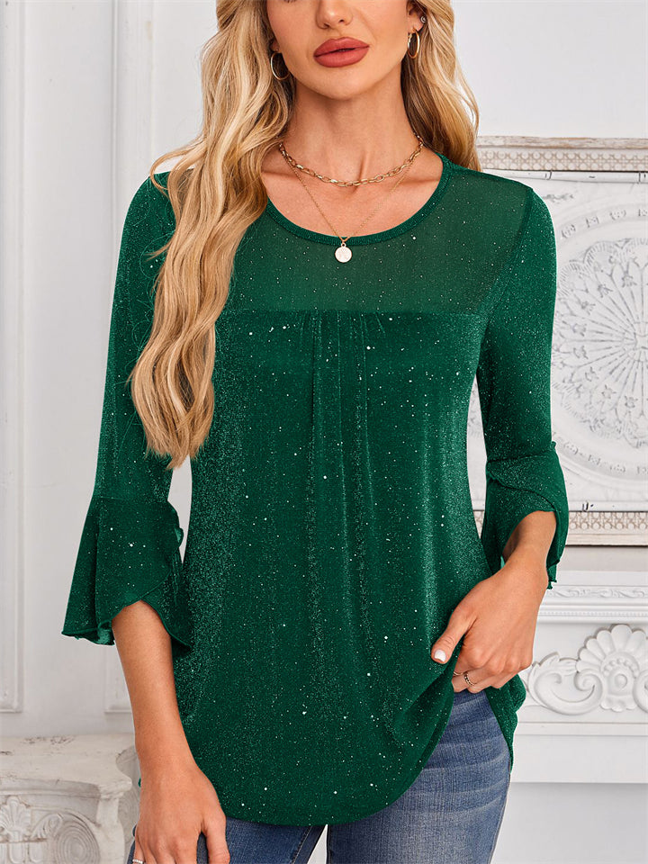Women's Mesh Patchwork Bling 3/4 Flare Sleeve Shirt