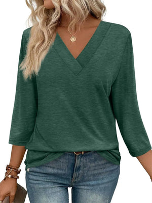 Women's Basic Casual Solid Color V Neck 3/4 Sleeve Shirts
