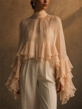 Women's Chiffon Tiered Ruffle Flare Sleeve High Neck Top