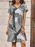 Women's Summer Banana Leaf Print V Neck Short Sleeve Dress