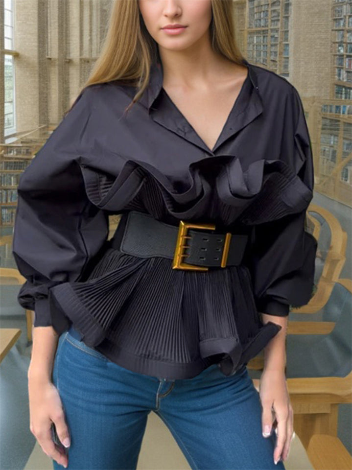 Korean Style Ruffled Sleeve Stand Collar High Waist Blouse