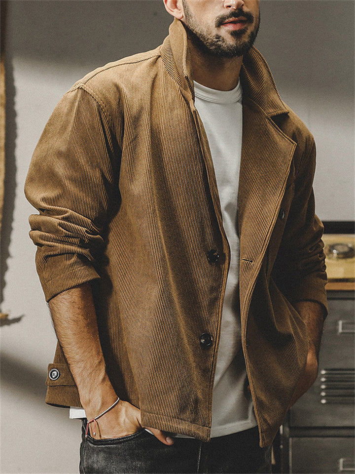 Retro Casual Long Sleeve Stand Collar Corduroy Pattern Coat for Men
