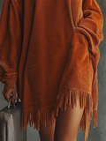 High Neck Orange Corduroy Fringed Loose Midi Dress for Women‌