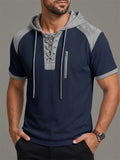 Men Waffle Knit Hooded Lace Up Short Sleeve Casual Shirt