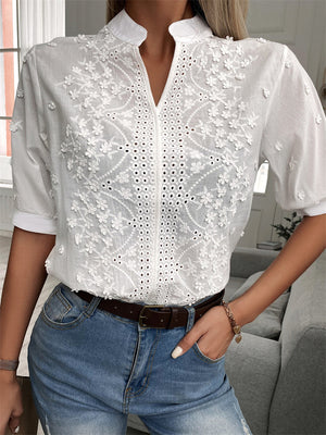 Stylish V Neck Applique Hollow Out Short Sleeve Shirt for Lady