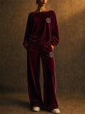 Women Velvet 2 Piece Lounge Set Boat Neck BatWing Sleeve Wide Leg Outfits