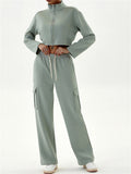 Women's Casual Sporty Cargo Jogger Set Cropped Zip Up Sweatsuit