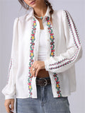 French Style Floral Embroidery Lapel Long-sleeve Blouse